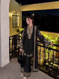 Ensemble Anarkali brodé noir pour femme avec pantalon palazzo, tenue traditionnelle indienne et pakistanaise pour mariage, coupe ample, longueur au sol - Product Image 3