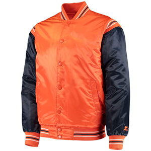 Men's Orange Navy Varsity Jacket Stand Collar <b>Covered</b> <b>Button</b> Closure Ribbed Cuffs Regular Fit Polyester/Cotton Preppy Style - Product Image 1