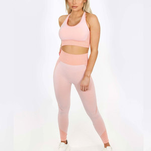 Pink Ribbed Yoga Set Scoop Neck Crop <b>Top</b> High Waist Full Length Leggings 2 Piece Spandex Polyester Activewear - Product Image 4