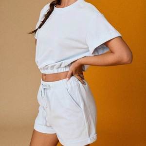 Custom Women's Solid Cozy Two Piece <b>Set</b> Oversized Cropped Elastic Hem T Shirt Drawstring Shorts Loungewear <b>Set</b> Manufacturer - Product Image 3