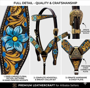 Set de Arreos Premium de Cuero para Caballo: Cabezada Western, Collarín, Riendas Divididas, Conchos y Diseño Trenzado para Equitación y Trabajo en Rancho - Product Image 3