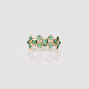 Natural Green Emerald Double-<b>Row</b> Statement Ring in Solid 18K Yellow Gold – Wide Geometric Bezel Set Band Luxury May Birthstone - Product Image 3
