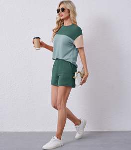 Nouveaux ensembles élégants pour femmes, 100% coton, t-shirt à col rond uni, short à manches courtes, coupe régulière, streetwear, été - Product Image 5