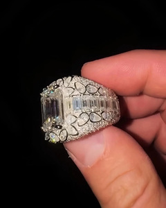 Iced Out <b>Emerald</b> Cut Diamond Statement <b>Ring</b> Wide Baguette & Pavé Diamond Band Vintage Art Deco Style <b>silver</b> Gift Platinum <b>rings</b> - Product Image 1