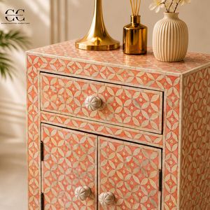 Bone Inlay Solid Wood Nightstand <b>Side</b> <b>Table</b> Accent Cabinet Floral Pattern Modern Design Bedside <b>Storage</b> for Bedroom Entry Hotel - Product Image 5