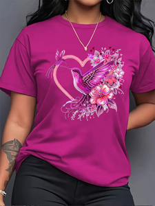Camiseta de Mujer con Estampado Floral de Colibrí, Estilo Casual, Color Rosa, 100% Algodón Tejido, Ecológica, Transpirable, Ligera y de Secado Rápido - Product Image 6
