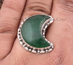 Anillo de Jade Verde Natural Vintage, Media Luna, Plata de Ley 925, Joyería de Luna Creciente, Borde Punteado, Anillo Retro con Piedras Preciosas para Mujer - Product Image 2