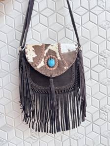Bolso de Mano con Flecos de Cuero y Pelo, Bolso Bandolera con Piedra Turquesa, Estilo Bohemio Gitano Vintage, Hecho a Mano, Nuevo Diseño, Multiusos, Elegante - Product Image 2