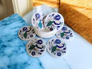 Sous-verres en marbre faits à la main avec incrustations, motif paon, ensemble de sous-verres pour thé et café, décoration de bureau - Product Image 2