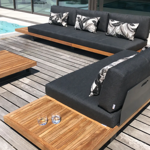 Elegant <b>Teak</b> <b>Wood</b> Outdoor Sofa Set with Charcoal Cushions Slatted Coffee Tables and Tropical Garden Patio <b>Furniture</b> - Product Image 4