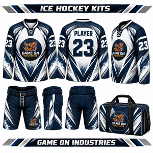 Nouveaux ensembles de maillots et shorts de hockey sur glace de haute qualité, personnalisés avec logo d'équipe, et sacs assortis, au prix de gros direct usine. - Product Image 1