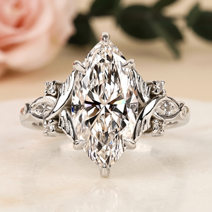 Marquise Cut <b>Ring</b> Featuring Floral Leaf Side Design Round Accent Gems <b>Silver</b> Tone <b>Statement</b> Engagement Bridal Fine Jewelry <b>Rings</b> - Product Image 1
