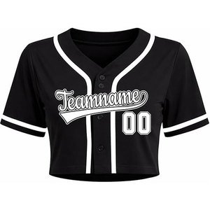 Maillot de baseball court pour femme, personnalisable avec nom et numéro, boutonné, pour softball, uniforme d'équipe, crop top respirant, couleur noire - Product Image 2