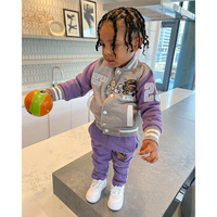 Ensemble de survêtement unisexe pour enfants : veste universitaire et pantalon de jogging deux pièces, noir, manches longues, broderie et patchwork