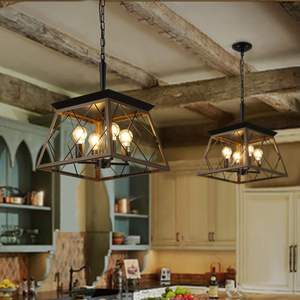 16" Modern Walnut Black Iron Industrial 4-<b>Light</b> Pendant <b>Chandelier</b> Adjustable Hanging <b>Light</b> Metal Cage Design Dining Kitchen - Product Image 4