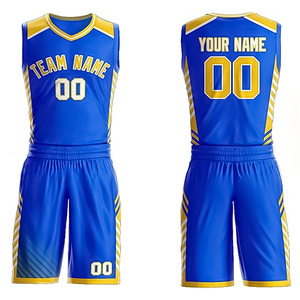 Uniformes de basket-ball personnalisés bleu et jaune, nom de l'équipe sublimé, maillot respirant en mesh, shorts unisexes, coupe athlétique pour adultes - Product Image 1