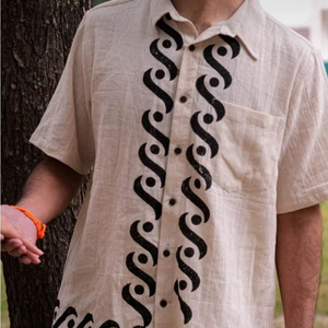 Chemise pour homme artisanale, imprimée à la main, de haute qualité, en tissu respirant en coton ou lin mélangé, col cubain, manches courtes - Product Image 1