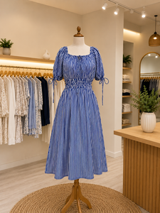 Blue Striped Cotton Midi <b>Dress</b> Puff Sleeves U Neck <b>Elastic</b> Waist A-Line Silhouette Japan Woven Fabric Casual Streetwear Sweet - Product Image 1