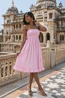 Robe d'été décontractée rose rayée sans bretelles style bohème 100 % coton anti-plis coupe trapèze à épaules smockées longueur midi pour femme