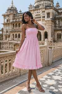 Women's Pink Striped Strapless Bohemian 100% Cotton Anti-Wrinkle A-Line Summer <b>Dress</b> Shoulder Smocked Midi Sundress Casual <b>Dress</b> - Product Image 5
