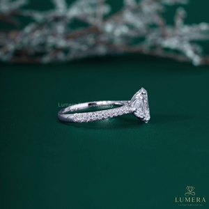 Oval Cut Lab Grown Diamond Three Stone Engagement <b>Ring</b> 14K 18K White Gold Half <b>Moon</b> Side Stone Multi Row Pave Band Bridal <b>Ring</b> - Product Image 4