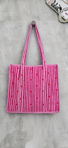 Lady Vintage Bohemian for Striped <b>Canvas</b> <b>Tote</b> Bag with Heart Print Zipper Closure Preppy Style All Seasons Shopping Bag - Product Image 2