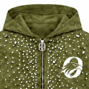 Sudadera con Capucha Verde Oliva con Cierre Completo, Chaqueta de Streetwear con Cristales Brillantes, Sudadera con Capucha de Manga Larga con Bolsillo Frontal - Product Image 3