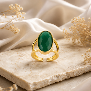 18k Gold Plated Brass Wholesale jewelry Gemstone Green Black Onyx <b>Rings</b> Double open Band <b>Adjustable</b> <b>Ring</b> Gift For Birthday Party - Product Image 2