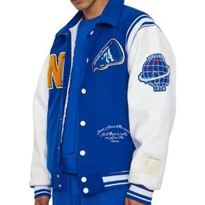 Blousons universitaires de baseball pour hommes, tendance, en mélange de laine, à manches contrastantes bleu et blanc, avec empiècements en chenille et bordures côtelées, style Letterman - Product Image 1