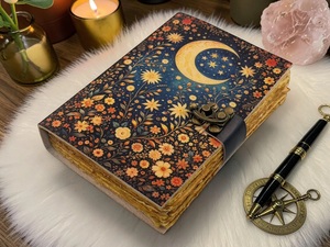 Celestial Moon Leather <b>Journal</b> Grimoire Notebook Wiccan Pagan-Crescent Moon Flower <b>Diary</b> Lock Handmade Gift 200 Sheets Herb - Product Image 6