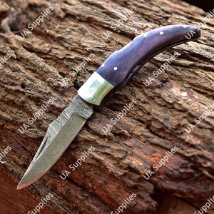 Cuchillo Plegable de Acero de Damasco Hecho a Mano con Mango de Madera Pakka, Borde Biselado, Funda de Cuero, OBM, para Caza y Uso Multifuncional - Product Image 6