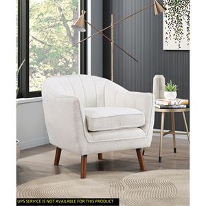 Poltrona Moderna Mid-Century in Tessuto Chenille Bianco con Schienale Trapuntato a Canale, Gambe in Legno Marrone, Arredamento in Legno Massello per Soggiorno - Product Image 2