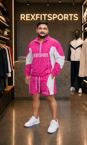 REXFIT SPORTS 2026 Pink <b>White</b> Crinkle Nylon Pullover Tracksuit Set Quarter Zip Windbreaker <b>Jacket</b> and Shorts Custom Sportswear - Product Image 2