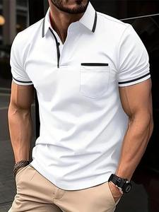 Polo à manches courtes blanc pour homme avec poche, décontracté, tricoté, respirant, design uni - Product Image 5
