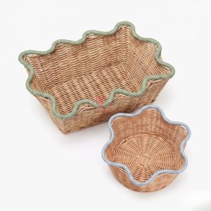 Cesta de Almacenamiento de Mimbre Sintético Tejido con Forma de Olas Oceánicas, Estilo Bohemio, para Organización de Artículos Diversos, Diseño Apilable - Product Image 1