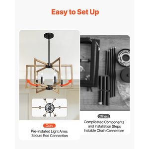 Lustre moderne en métal à 6 lumières, style farmhouse, hauteur réglable, luminaire suspendu pour salle à manger, certifié CE - Product Image 3