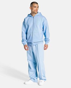 Survêtement homme 2 pièces bleu ciel surdimensionné avec logo personnalisé et passepoil, respirant, le plus vendu - Product Image 1