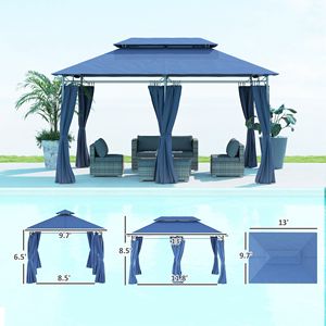 10 'X 13' doppio tetto Patio Gazebo blu scuro padiglione esterno per giardino prato cortile e ponte con tende - Product Image 3