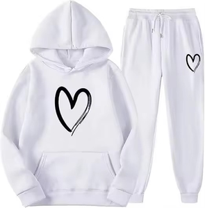 Ensemble de survêtement décontracté pour femme, automne, imprimé cœur, gris, manches longues, cordon de serrage, couleur unie, respirant, 100% coton - Product Image 4