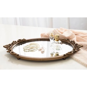 Oval Metal Storage Tray With Carved Frame <b>Mirrored</b> Finish Classic Design For <b>Table</b> <b>Top</b> Organization Single Compartment - Product Image 4