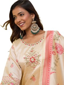 Ensemble Salwar Kameez en Chiffon de Soie Beige Brodé pour Femmes avec Dupatta à Motifs Floraux, Vêtement Traditionnel Indien Pakistanais pour l'Automne, Tenue Casual - Product Image 4