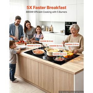 Placa de Cocina Eléctrica de 36 Pulgadas, 5 Quemadores, 8800W, 220V, sin Enchufe, Vitrocerámica Radiante, 11 Niveles de Potencia - Product Image 2