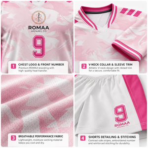 <b>Light</b> Pink White Camouflage Soccer Jersey Shorts Set V <b>Neck</b> Sublimated Custom Uniform Teamwear Adult Unisex Eco-Friendly - Product Image 3