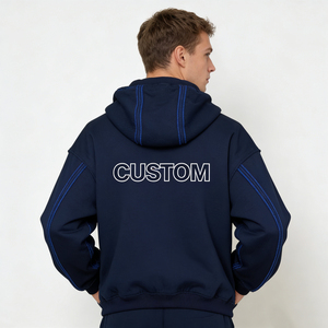 เสื้อฮู้ดดี้สีน้ำเงินกรมท่าขนาดใหญ่ ซิปหน้า แต่งตะเข็บสีน้ำเงิน พิมพ์ลายตัวอักษรตามสั่ง เสื้อผ้าลำลองผู้ชาย สตรีทแวร์ สวมใส่สบาย - Product Image 3