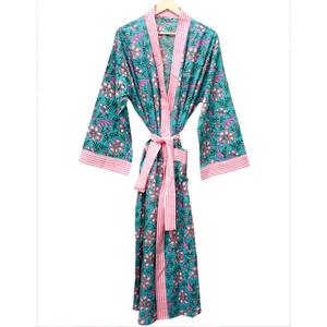 Robe kimono longue en coton 100% pour femme indienne, col en V, ouverte sur le devant, rayures roses, poche avec ceinture de fermeture, tenue décontractée d'été - Product Image 4