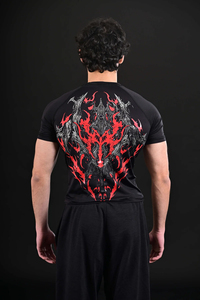 Ensemble de survêtement de yoga personnalisé pour homme, coupe ajustée, avec logo rouge sportif gothique sur le devant, col rond, séchage rapide, coupe régulière, en Spandex/Polyester - Product Image 3