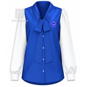 Blusa Azul Satinada de la Hermandad Zeta Phi Beta con Cuello de Lazo y Logotipo Bordado, Blusa Moderna con Mangas Abullonadas para Mujer - Product Image 1