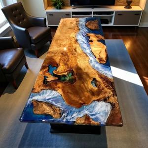 Luxury Support Logo Rectangle Shape Walnut Wood Dinner Clear River Blue Ocean Island Bar Dining Coffee <b>Epoxy</b> <b>Resin</b> <b>Table</b> <b>Top</b> - Product Image 3