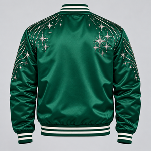 Stylish Crystal Rhinestone Satin Jacket Luxury <b>Star</b> Embellished Varsity Bomber Coat with Shiny <b>Fabric</b> for Fashion Streetwear Out - Product Image 2