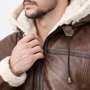 Chaqueta de Cuero Tipo Bomber B-3 con Capucha para Hombre Theodore, Color Marrón, con Forro de Piel Sintética - Chaqueta de Cuero Marrón con Capucha - Product Image 4